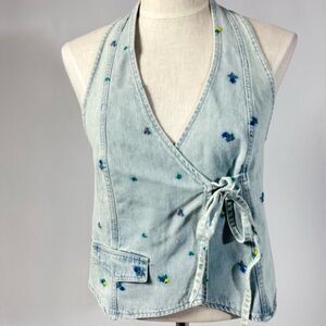 Peach Love Embroidered Demin Halter Wrap Vest Boho Y2K